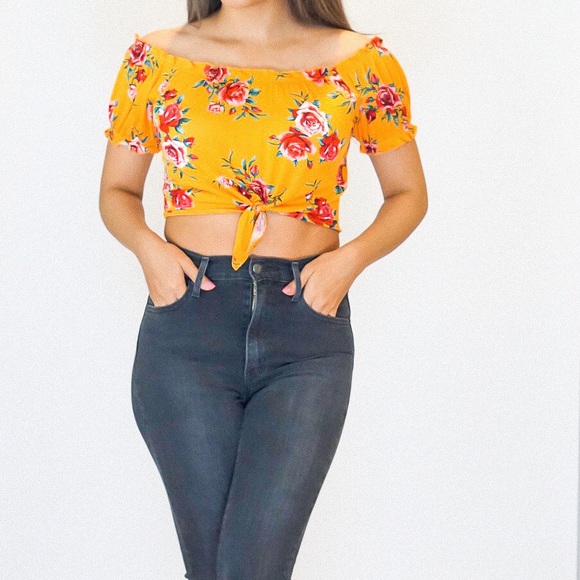 H&M Tops Yellow Flowery Off The Shoulder Crop Top Sm Poshmark